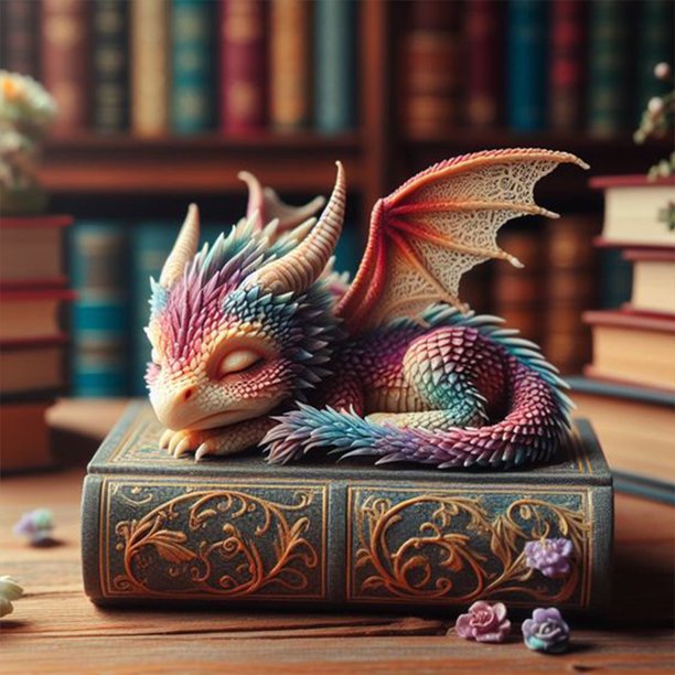 Kit Pintura Por Números Sobre Lienzo Arte Al Óleo Artesanal Pequeño Dragón Durmiendo en El Libro 40x40cm
