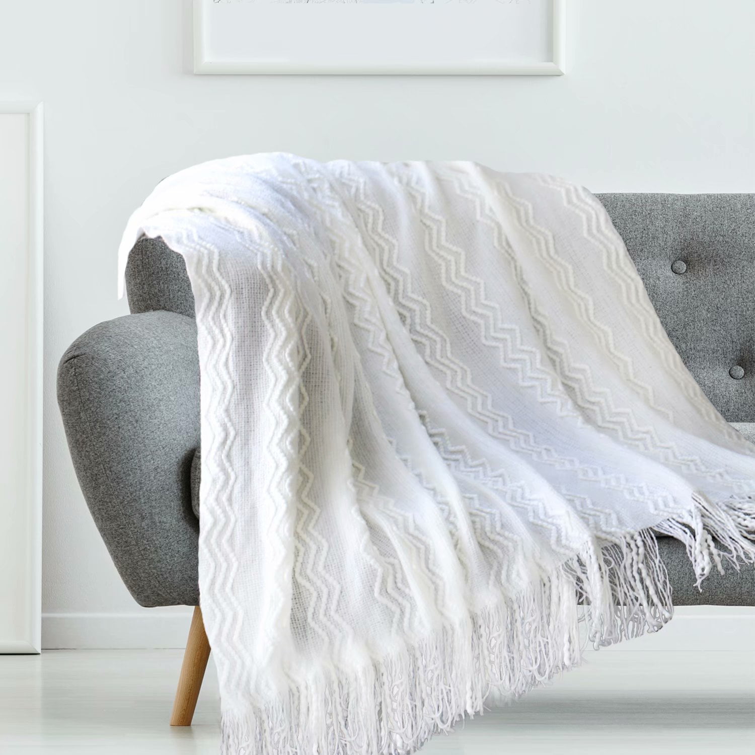 Gray, 127 x152cm/50 x 60 Lightweight and Soft Cozy Decorative Woven Blanket GuLL Knitted Throw Blanket with Tassels for Sofa Bed Chair or Travel 