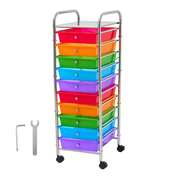 KFFKFF Rolling Cart with 10 Drawers, Mobile Storage Organizer with Steel Frame, Universal Wheels & 2 Brakes, Ideal for Office, Classroom, Craft Supplies, Garage, Studio, Multicolor