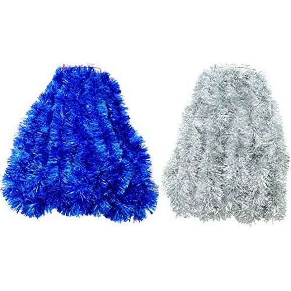 2 Pack 1 Silver, 1 Blue Super Duper Thick Tinsel Garland 50 Ft Total (Two Strands Each 25 ft Long) (1 Silver, 1 Blue) 2 Pack