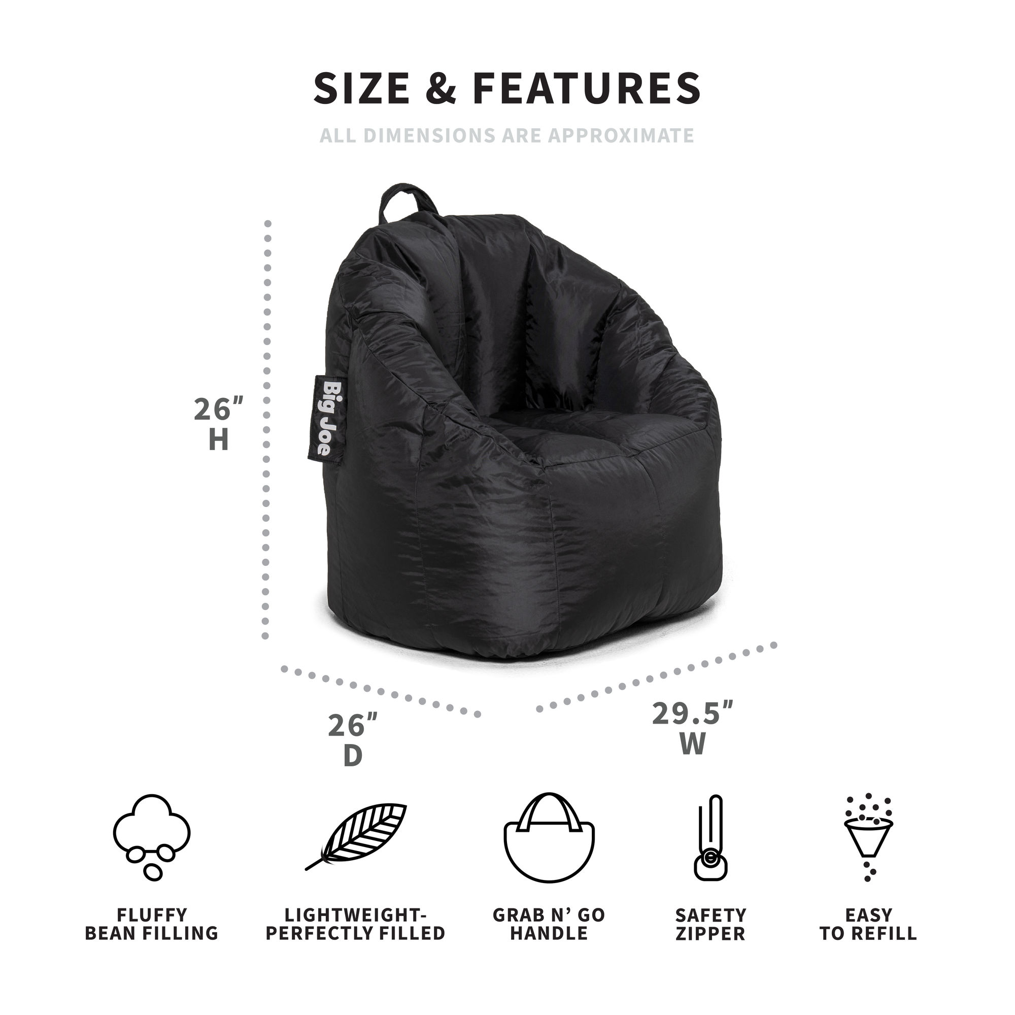 Big Joe Joey Bean Bag Chair, 2.5 ft, Black photo 3