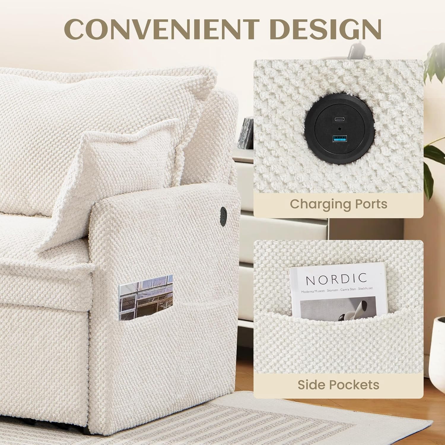 Modern Convertible Sleeper Sofa with USB Charging, Queen-size Corduroy Upholstery Sofa Bed, White