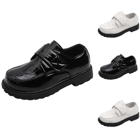 Kids Patent Leather Loafer Shoes, Adjustable Hook and Loop Strap Casual Dress Shoes, Thick Non‑Slip Sole Boys Girls Uniform Flats