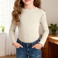 thumbnail image 2 of Xudanell Girls Lettuce Edge Trim Crewneck Long Sleeve Slim Fit Shirt Toddler Basic Ribbed Knit Tee Ruffle Shoulder Tops Size 4-5 Years, 2 of 9