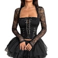 thumbnail image 2 of justHIGH Women's Sheer Mesh Long Sleeve Corset Top Lace Boned Going Out Y2k Club Outfits Square Neck Bustier Crop Tops Black,M, 2 of 5