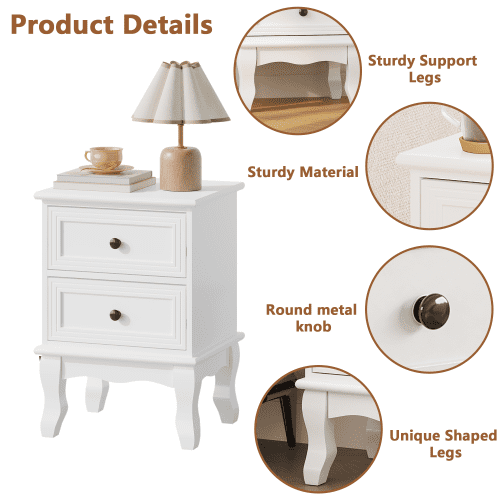 Modern Nightstand with 2 Drawers, French Country Bedside Table with Elegant Carved Legs, Small End Table for Bedroom, Living Room, Guest Room, White (1 PC)