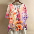 thumbnail image 2 of Short Sleeve Tops for Women Loose Round Neck Flower Graphic Printed T Shirts Elegant Casual Buttons Going Out Tops Blouses Plus Size Tshirt Summer Trendy Leisure Tee Shirts S-4XL, 2 of 5