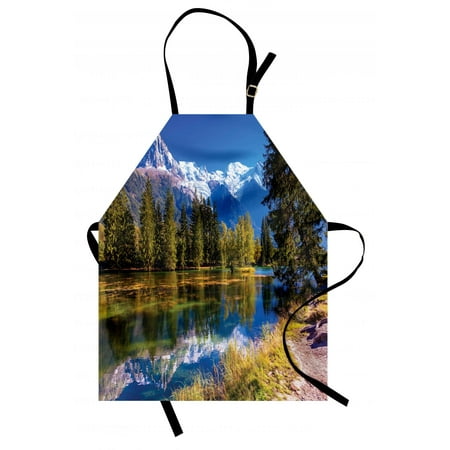 - Mountain Apron Snow Covered Alps Peaks Covered with Fir Trees in Lake Natural Paradise, Unisex Kitchen Bib Apron with Adjustable Neck for Cooking Baking Gardening, Green White Blue, by Ambesonne