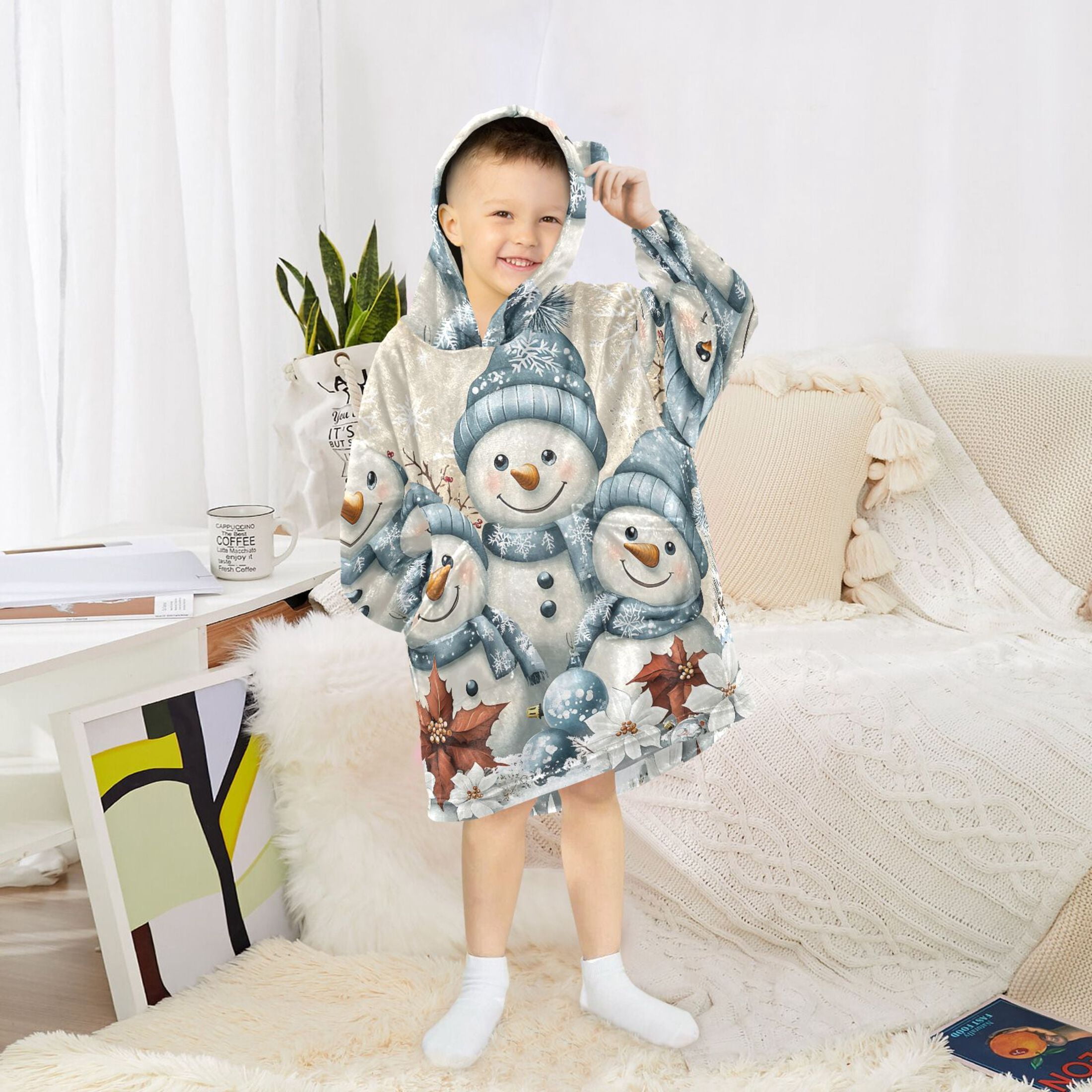joogoo Wearable Blanket Hoodie Snowman Retro Poinsettia for Flannel Sherpa Pocket 3-14 YR S