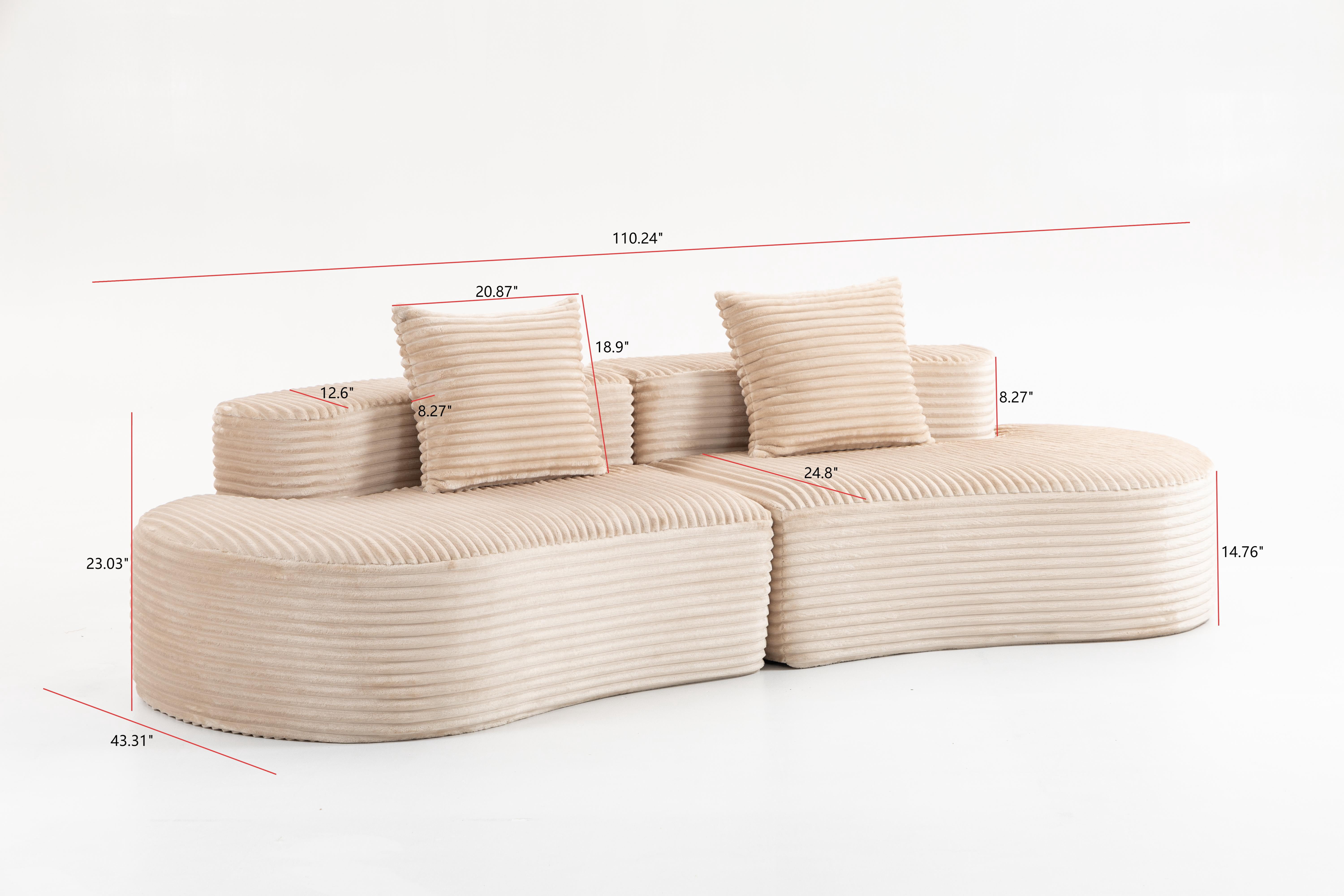 110.24 Inch Fully Compressed Sofa, Corduroy 2-Seater Couch with 2 Lumbar Pillows, Cozy Deep Seat Upholstered Cloud Sofa for Living Room Bedroom No Assembly Needed, Beige
