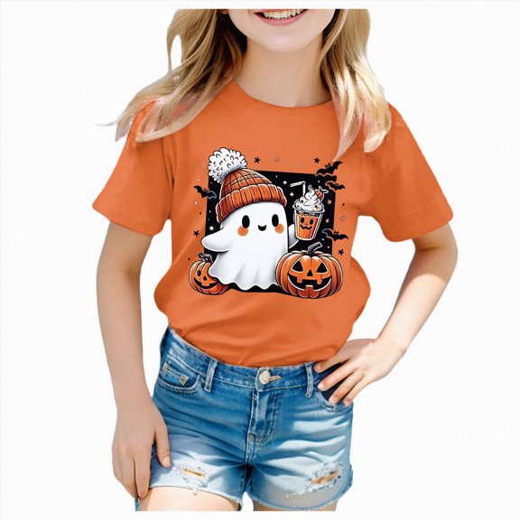 CAICJ98 Kids Halloween Shirt Short Sleeve Crew Neck Tshirts Ghost Pumpkin Bowknot Tees Tops Halloween Shirt Toddler Boy Girl (Orange,3-4 Years)