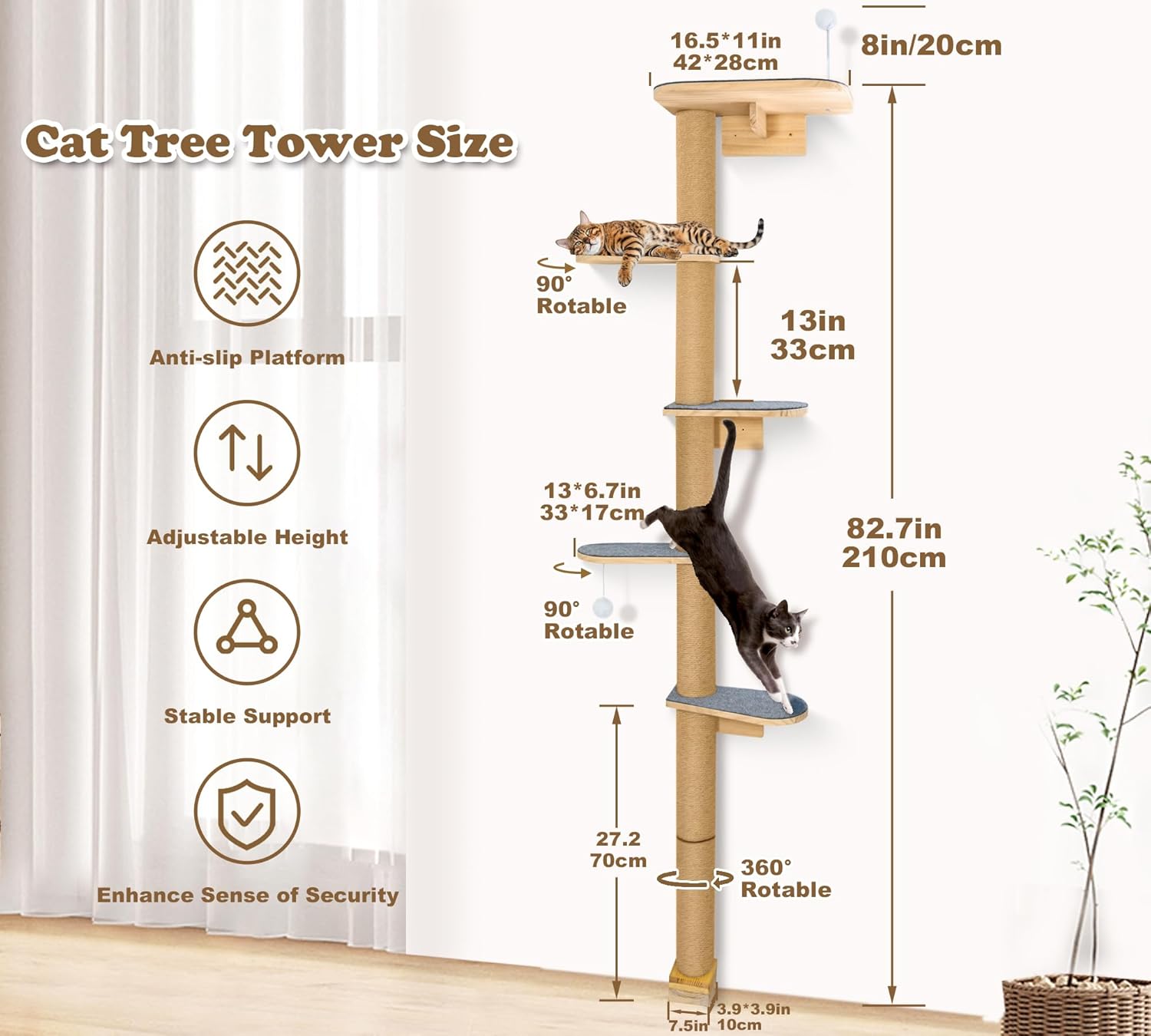 Peluomoz Gray Adjustable Floor to Ceiling Cat Tree with 5 Felt Platforms, Natural Pine Wood, 83 in
