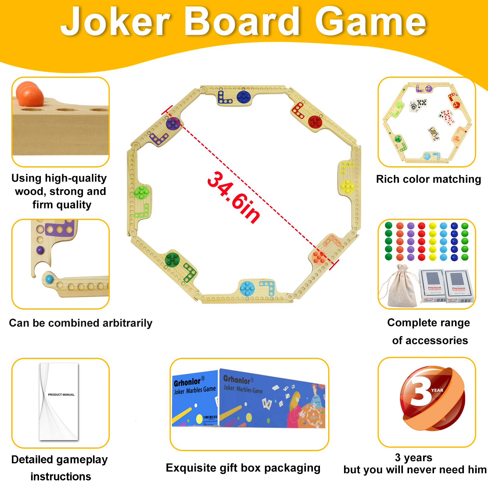 Marbles and Jokers Board Game Pegs and Jokers Real Solid Wood (Pine) Game Board Wooden for 2-8 Players 8 Game Boards 8 Colors 40 Marbles 4 Boxes Card