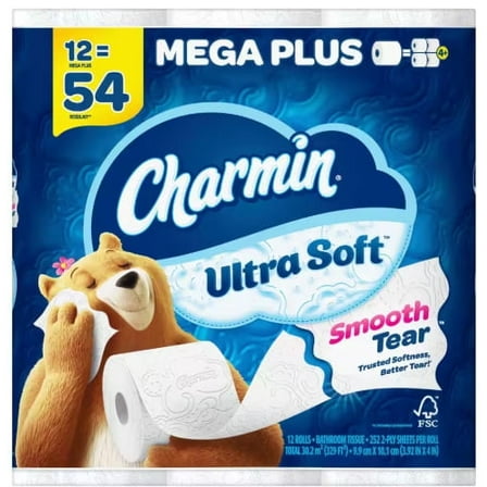 Charmin Ultra-Soft Smooth Tear Toilet Paper Rolls (12 Mega Plus Rolls)