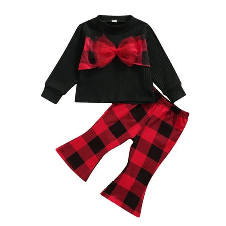 

Canrulo Kids Baby Girls Christmas Clothes Sets Bowknot Long Sleeve Tops Plaid Flared Trousers Outfits Red 3-4 Years