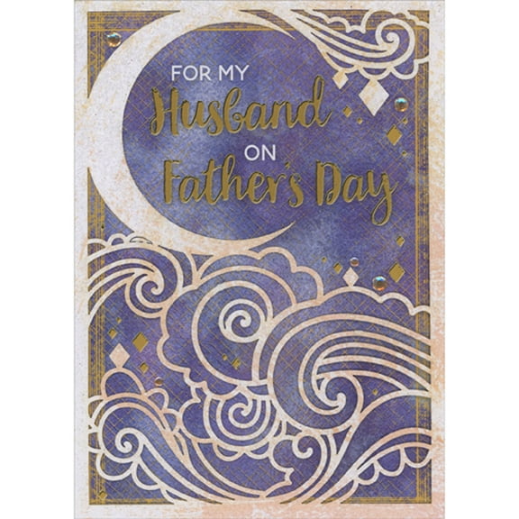 Designer Greetings Die Cut 3D Sparkling Crescent Moon and Thin Lined Clouds and Gems on Blue Hand Decorated Father's Day Card for Husband