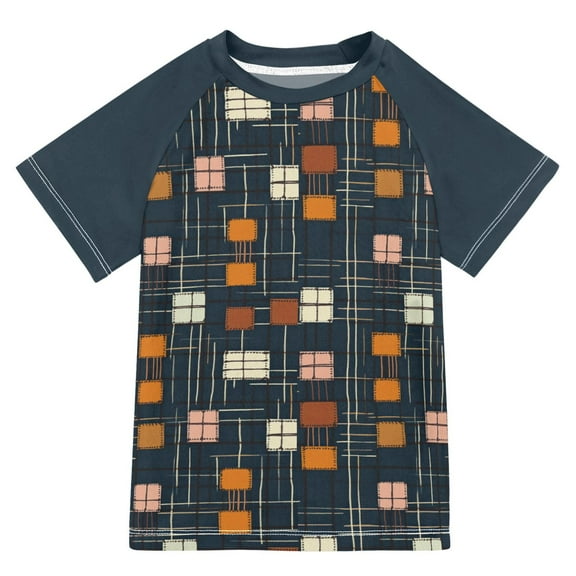 FORMRS Boys Rash Guard with Short Sleeves UPF 50 Swim Shirts Sizes 3-12T, Orange Checkered Pattern