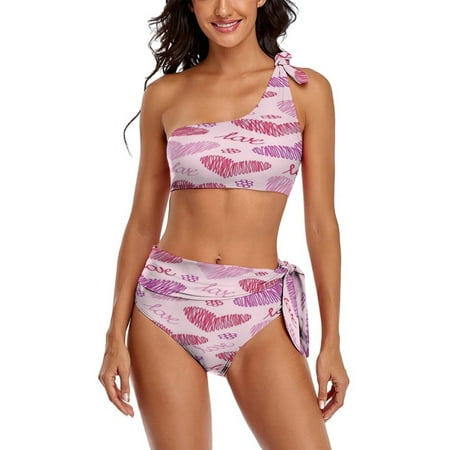 Valentine s Day Heart One Shoulder Bowknot Swimsuit Two Piece Swimsuit Knot Crop Top Bikini High Waisted Bathing Suit