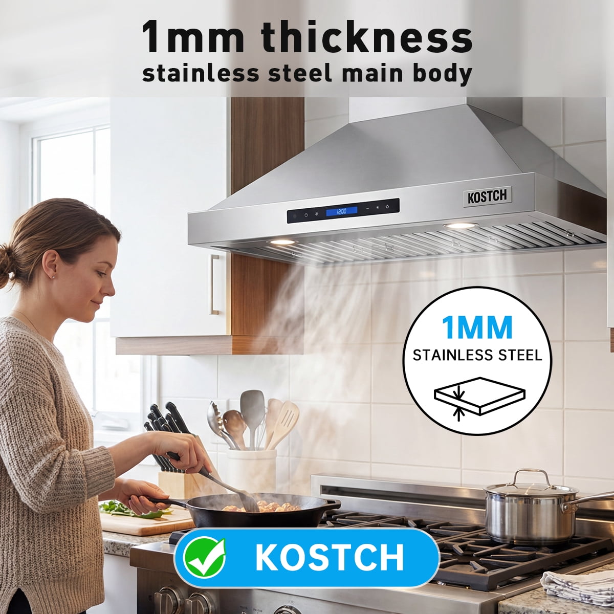 KOSTCH 36 inch Convertible Ducted Wall-Mount Range Hood, 600 CFM Kitchen Vent Hood with 3 Speed Exhaust Fan & LED Light, Kitchen Range Hood with Touchscreen Control Panel & Remote Control