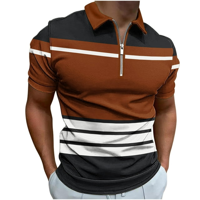 FAIWAD Mens Short Sleeve Shirts Zipper Striped Patchwork T-Shirt Basic Lapel Athletic Tennis Tops