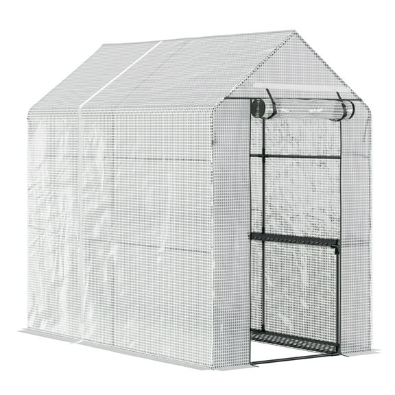 Walk-In Greenhouse, 47.25" x 73.25" x 74.25" Portable Outdoor Plant Growing House with Shelves & Roll-Up Door - White