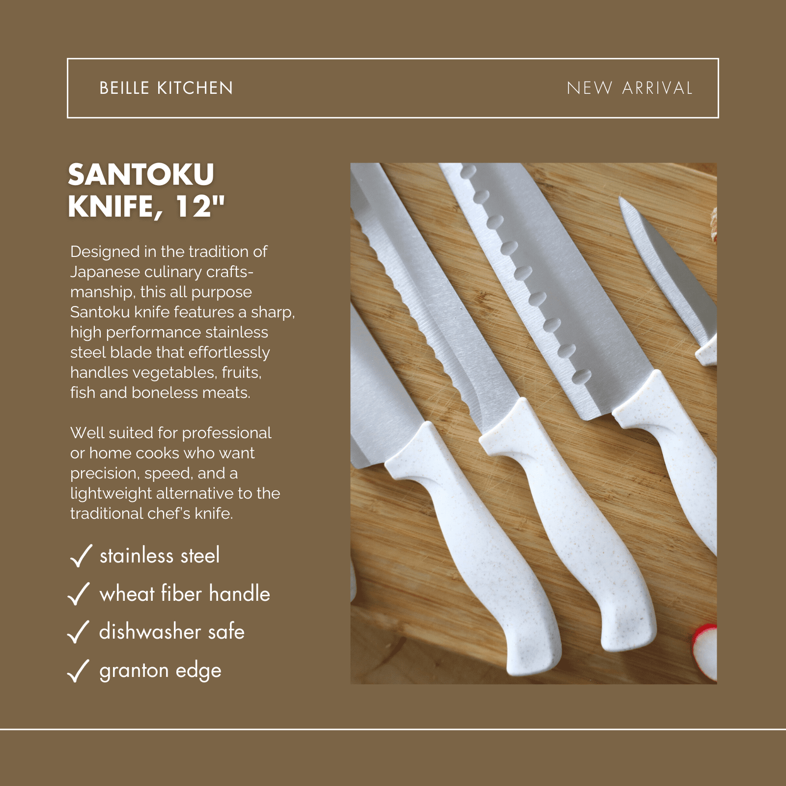 Beille 7 Inch Japanese Santoku Knife with Stainless Steel Blade and Wheat Fiber Handle, Kitchen Essentials