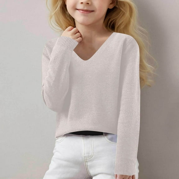 GBSYEWXS Casual Sweater For Girls Child Size 10-11 Years Comfortable Solid Color V-Neck Pullover Sweater Child