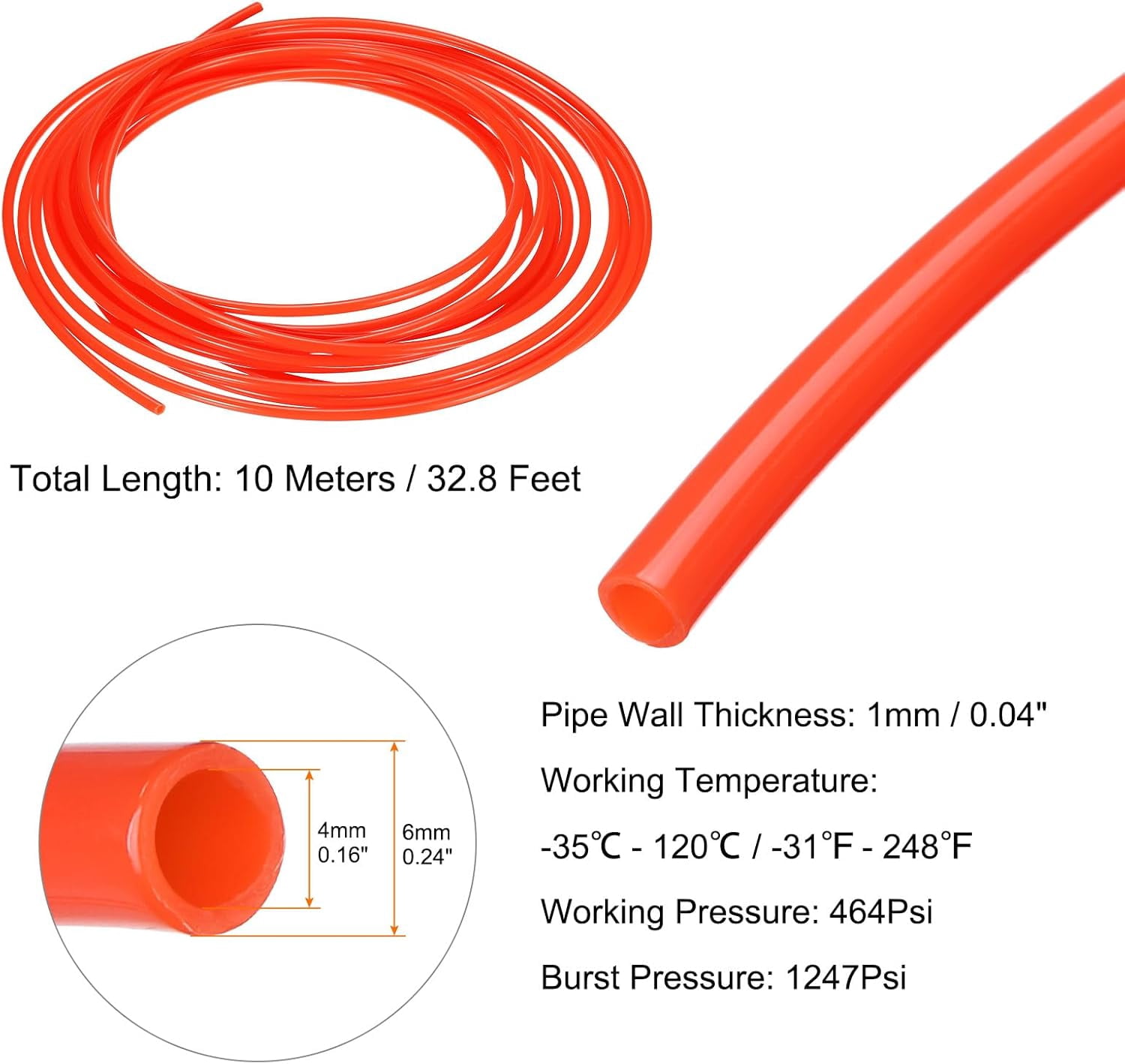 MKEUDQ-Pneumatic Air Line Tubing 6mm OD x 4mm ID 10 Meters(32.8 FT) Air Compressor Nylon Tubes Polyamide Air Tubing Hose Tube for Air Compressor Water Fluid Transfer, Red