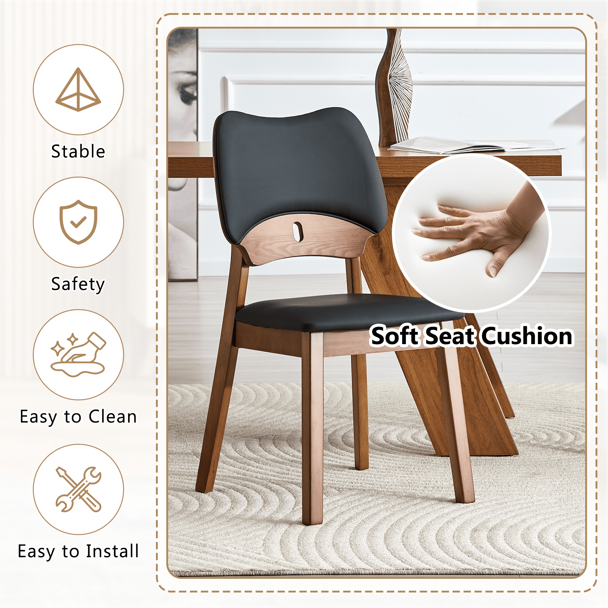 Leumius Dining Chairs Set of 2, Black PU Soft Packaging on the Backrest and Seat Cushion, Hollowed Out Backrests for Kitchen Dining Room