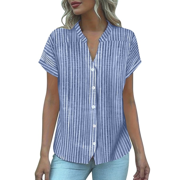 Camisa de Manga Corta con Cuello en V para las Mujeres, Blusa de Verano Elegante Y de Moda en Poliéster Suave Ligero