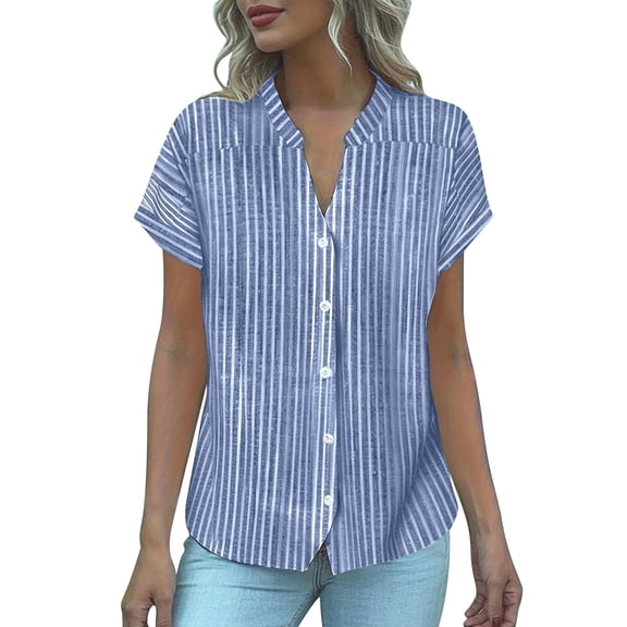 Enjoytime Womens Blouses Trendy Striped V-Neck Button Down Shirts Short Sleeve Dressy Business Casual Work Tops