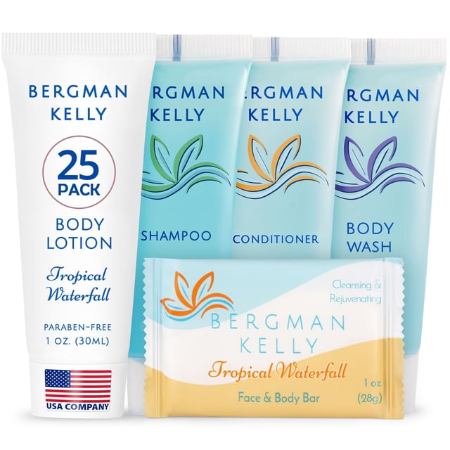 Bergman Kelly - Hotel Toiletries Bundle - Tropical Waterfall, 30 ml ea, 125 Pieces - 5-Piece Set: 25 ea Rectangular Bar Soap, Shampoo, Conditioner, Body Lo