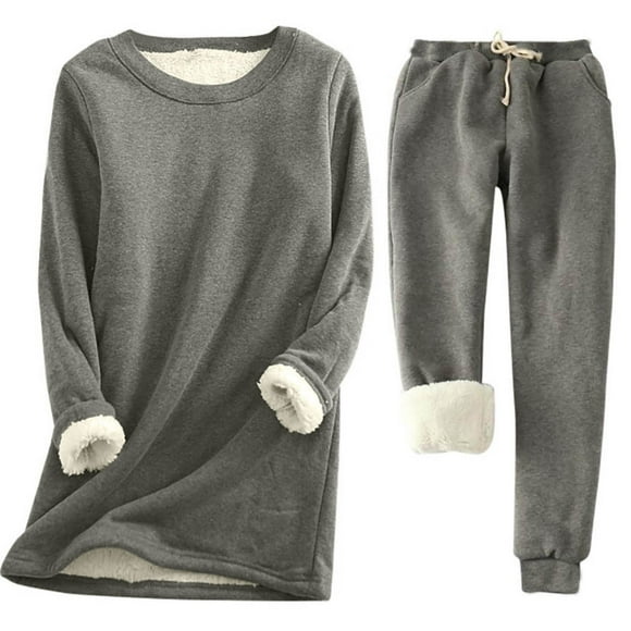 Women Fleece Sweatsuit 2 Pieces Outfit Winter Warm Sherpa Lined Tracksuit Crewneck Sweatshirts and Sweatpants Set