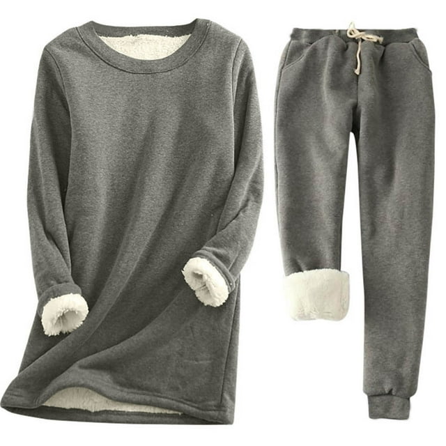 Ensemble de Survêtement en Molleton pour Femmes 2 Pcs Tenue d'Hiver Chaude Doublée Sherpa Ensemble de Chandail à Col Ras du Cou et Pantalon de Survêtement