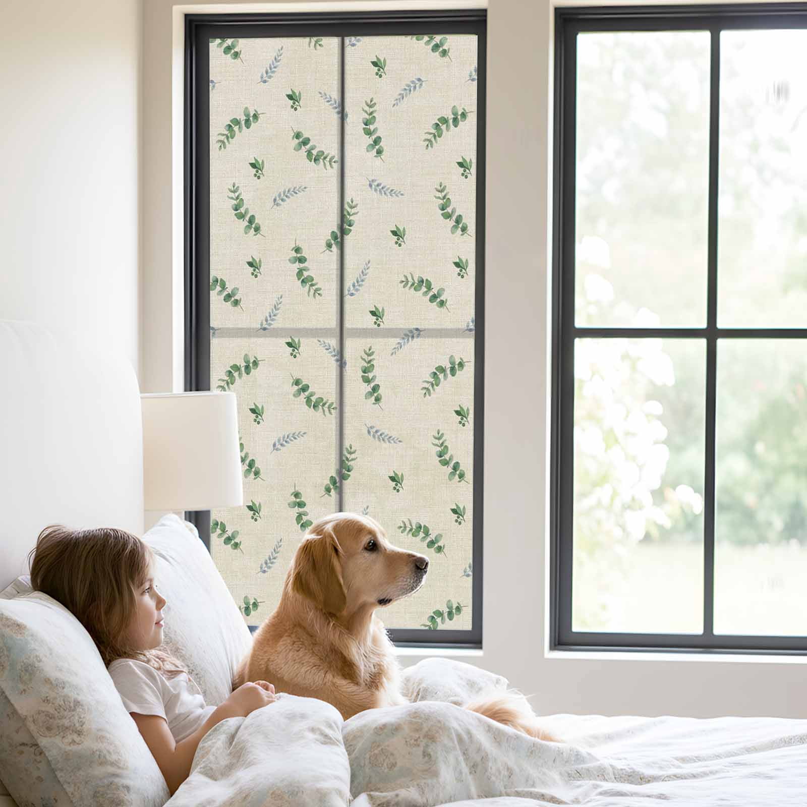 Summer Botanical Window Privacy Film, Watercolor Eucalyptus Leaves Rustic Linen Texture Frosted Glass Window Clings Static Cling UV Heat Blocking Reusable Door Sticker for Bathroom 23.6 x 59 Inch
