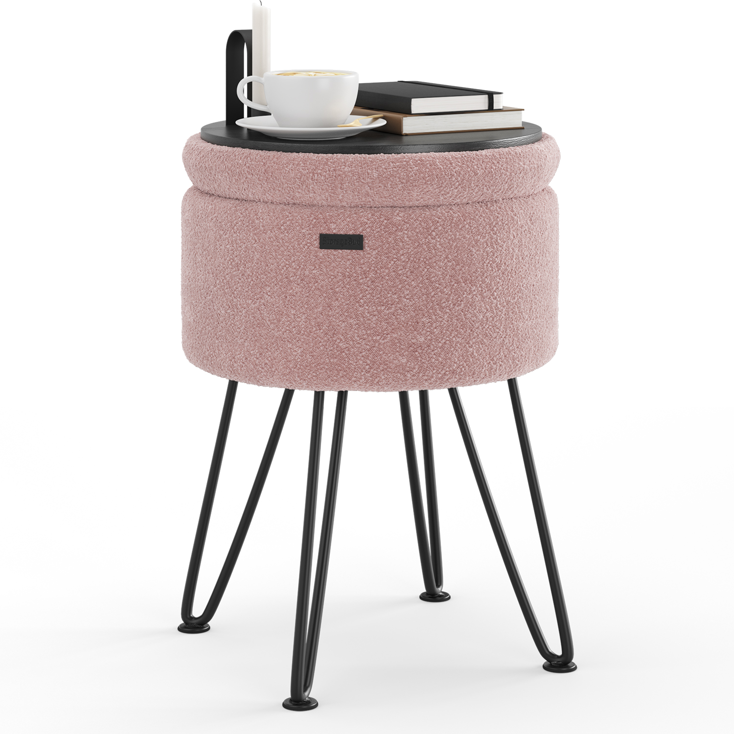 LammaLoe Small Round Ottoman with Storage, Boucle Ottoman Foot Stool with Lid, Upholstered Vanity Stool for Living Room & Bedroom, Pink
