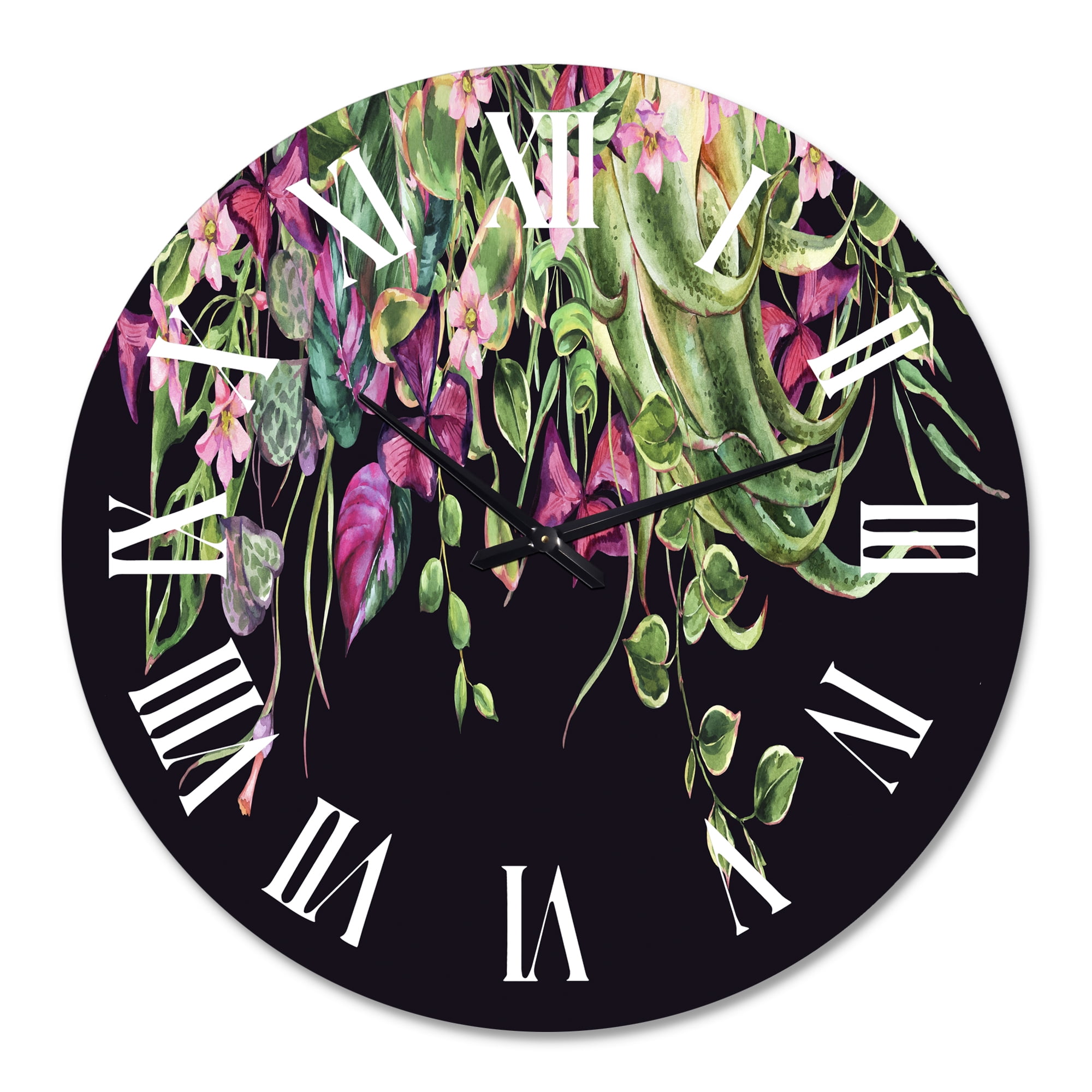 Designart 'Floral Tropical Leaves Om Black' Farmhouse Wall Clock
