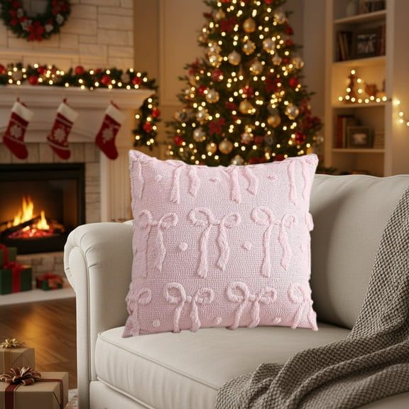 Tyidzon Pillow Covers 18x18 Inch Christmas Throw Pillow Covers, Pink Christmas Bows Pillow Cases for Winter Holiday Sofa Couch Bed Living Room Party Decor