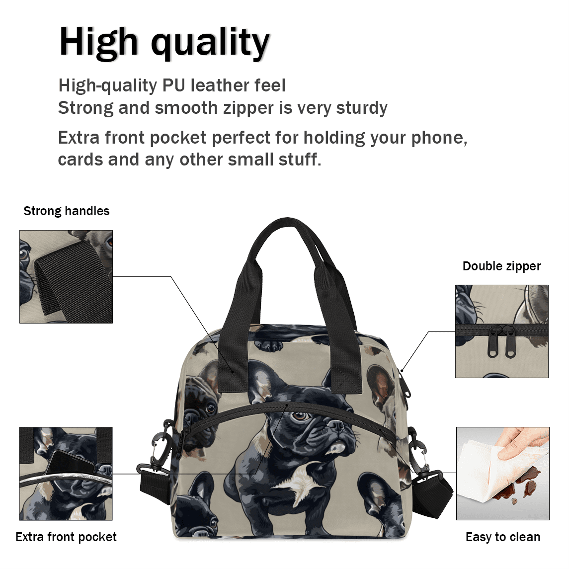Herdesigns French Bulldog Insulated Lunch Bag for Women Men Adults Large Reusable Lunch Box Leakproof Portable Cooler Tote Bags with Adjustable Shoulder Strap
