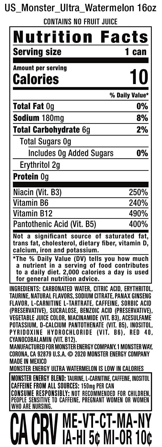 (24 Cans) Monster Ultra Watermelon, Sugar Free Energy Drink, 16 fl oz