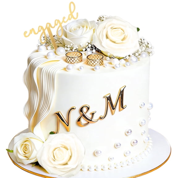 Engagement Cake Topper Set - White Roses & Gold Decor for Romantic Wedding Anniversary Party