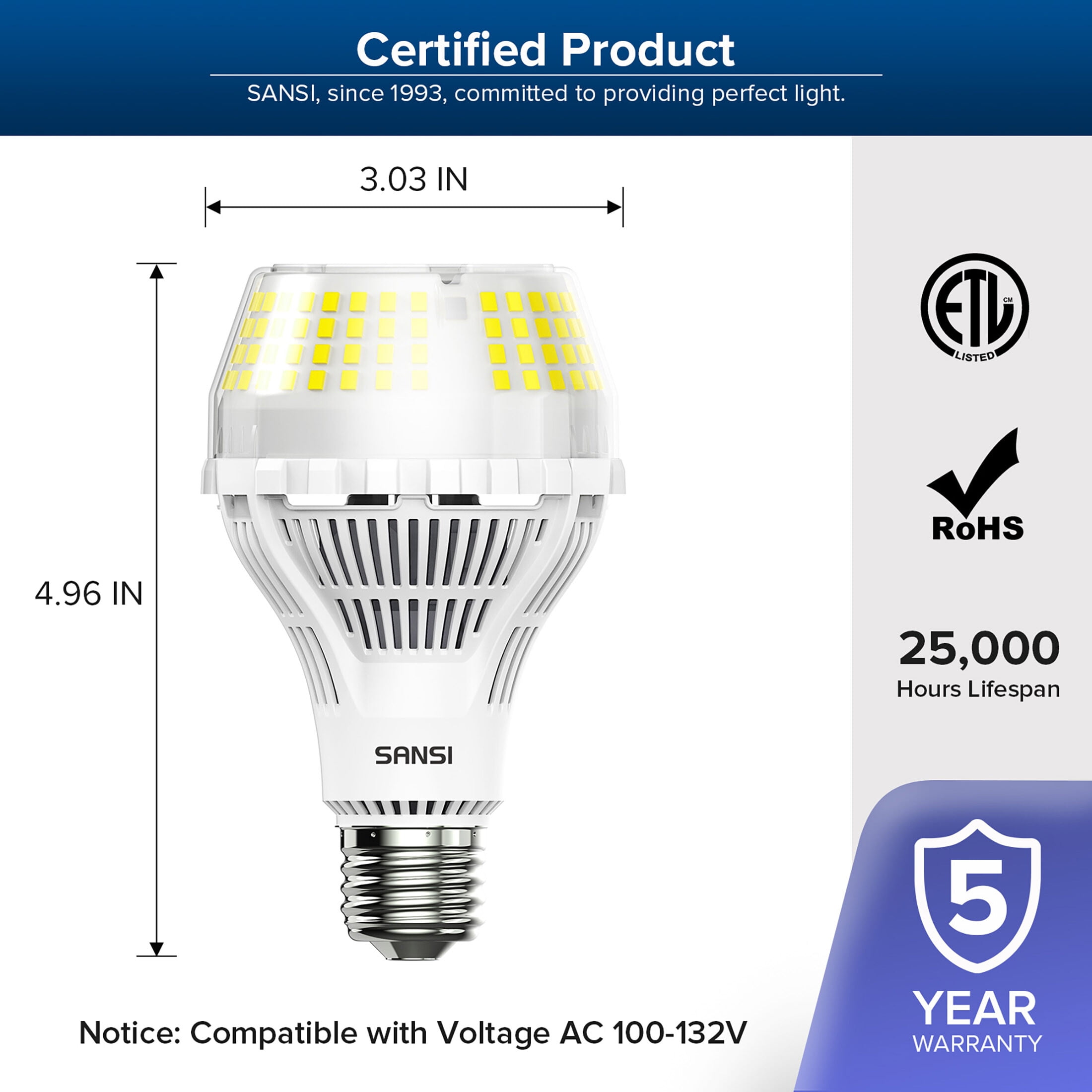 SANSI Ultra Bright 200W Equivalent A21 LED Light Bulb, 22W 3000 Lumens E26, 5000K Daylight, 2-Pack
