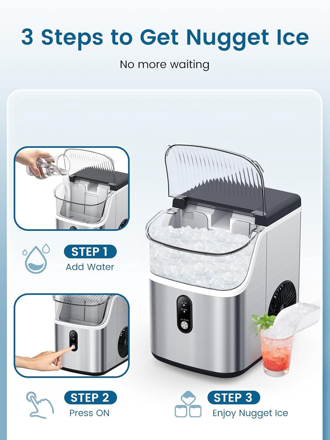 WAA Ice Makers Countertop,Portable Ice Machine with Crushed Ice,35lbs/Day,Self-Cleaning,One-Click Operation for Home Use(Silver)