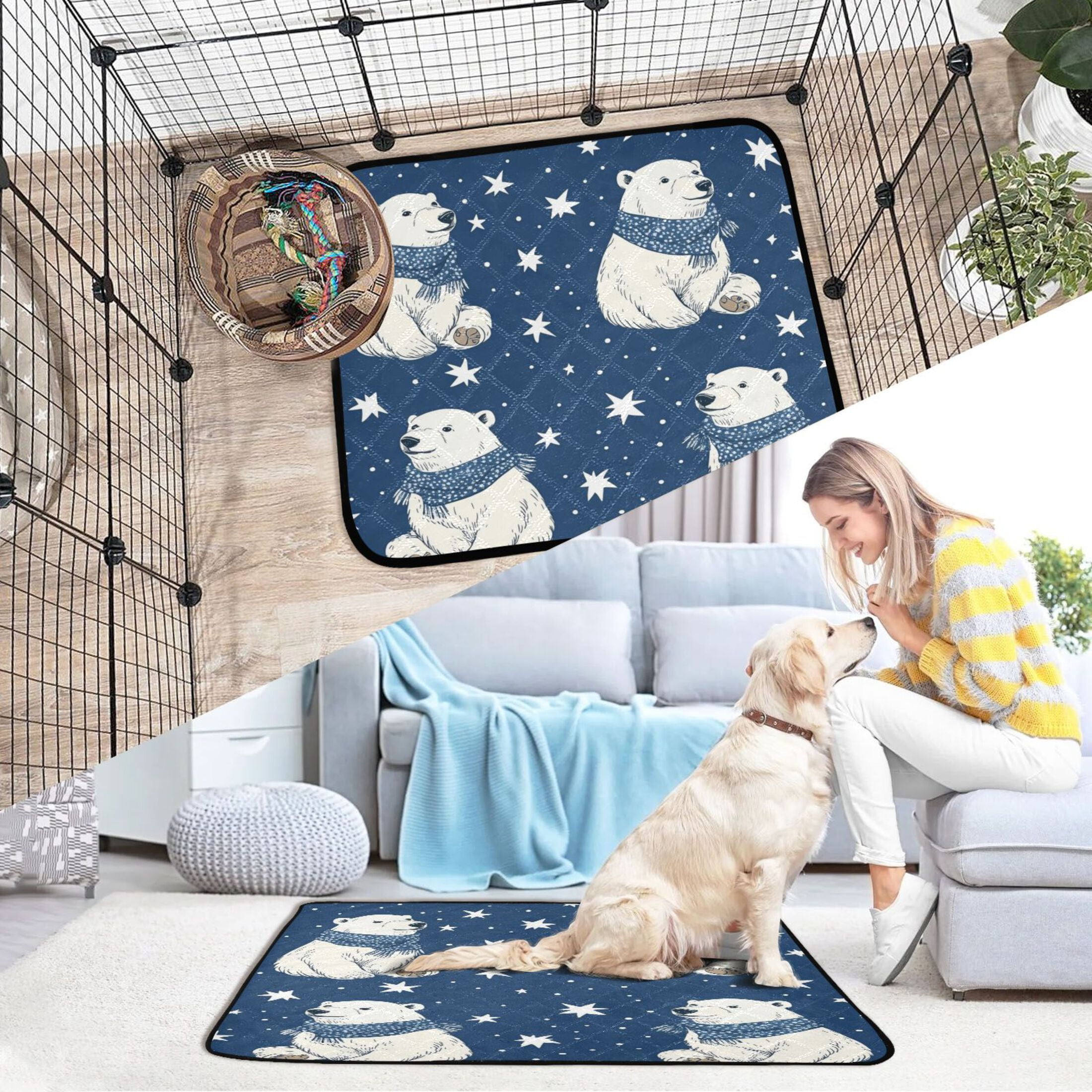 Qxltty Cute Polar Bears Pattern Cat litter Pads Pet Set of 2 Diaper Mats Center Anti-leakage Layer Absorbent Soft and Comfortable