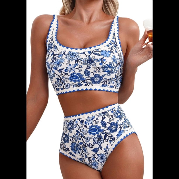 Conjuntos de Bikini para Mujer con Estampado Floral, Trajes de Baño de Dos Piezas con Escote Redondo y Cintura Alta. Flor Azul S