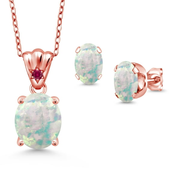 18K Rose Gold Plated Silver White Opal and Red Created Ruby Pendant and Earrings Jewelry Set for Women (4.05 Cttw, Gemstone Birthstone, Oval Cabochon 11X9MM and 8X6MM with 18 inch Silver Chain)