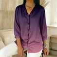 thumbnail image 5 of XPMWRP Women's V‑Neck Ruffle Placket Ombre Gradient Draped 3/4 Sleeve Blouse Soft Loose Fit Casual Summer Top Romantic Feminine for Daily Vacation Wear Purple L, 5 of 5