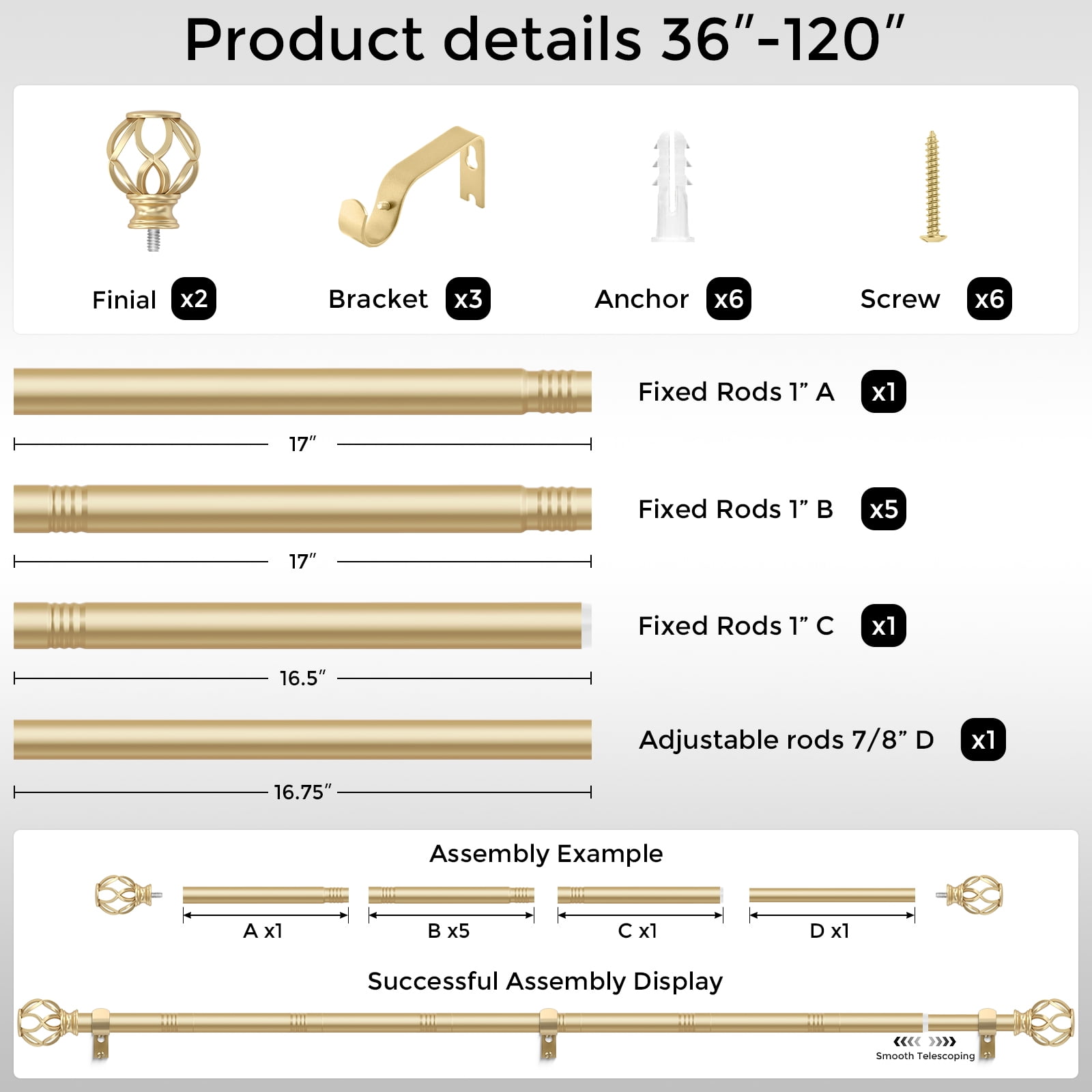 OLV 1" Gold Twist Cage Adjustable Single Curtain Rod Set for Windows,36-120"