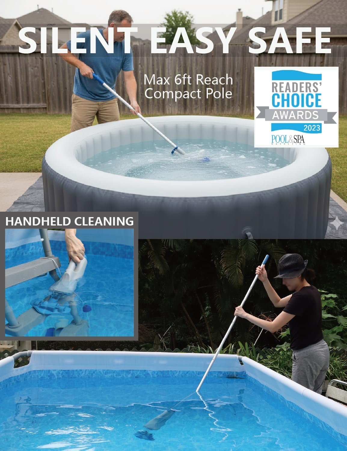 Cordless Handheld Pool Vacuum for Above Ground Pool, with 6ft Pole and 2 Vac Brush Heads, Ideal for Spot Cleaning Small Inground Pool Spa up to 20ft, Rechargeable, 60min, Sand and Light Debris