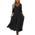 thumbnail image 5 of HAOTAGS Women Dresses Elastic Waist Relaxed Fit V-Neck Solid Color Long Sleeve Maxi Dress Dark Gray Size 2XL, 5 of 7
